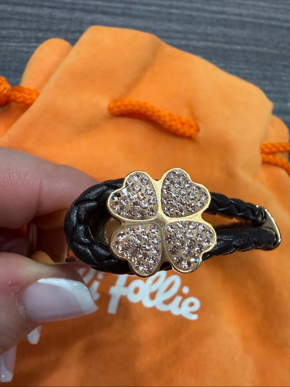Brown Braided Leather Bracelet with Gold Four-Leaf Clover Charm